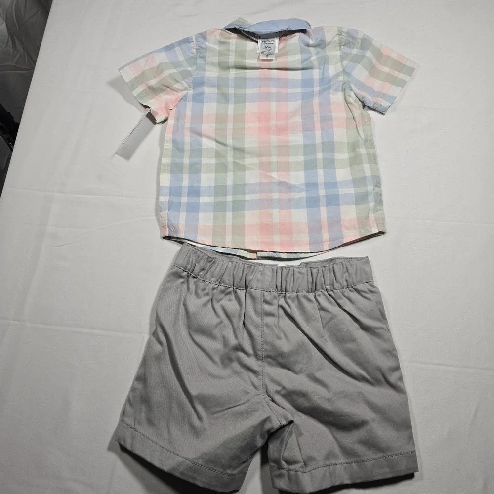 Carter's Baby Boy 12M Plaid Shirt Shorts Bow Tie 3pc Set Pastel
